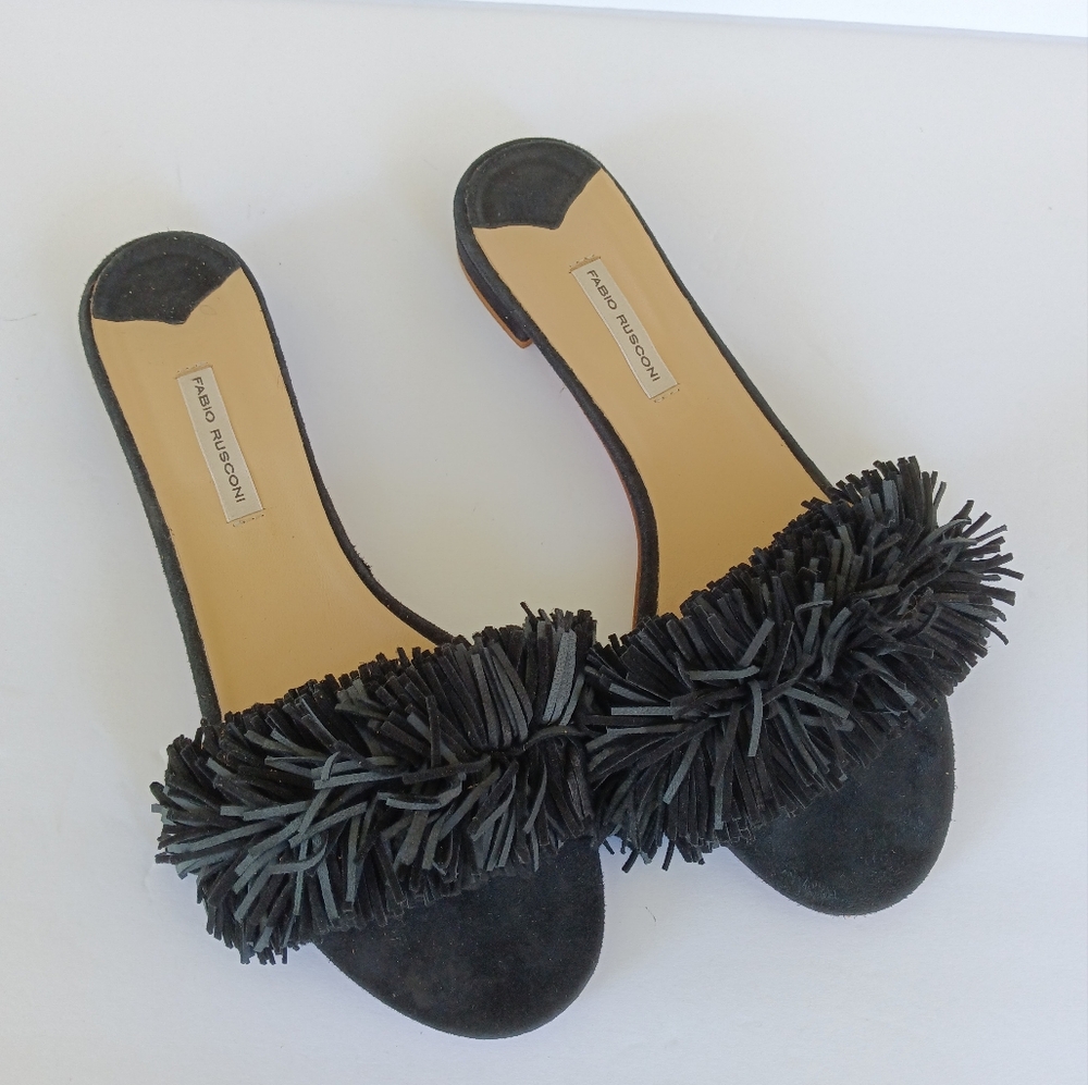 Fabio Rusconi Suede Fringe Slip-On Slides Black